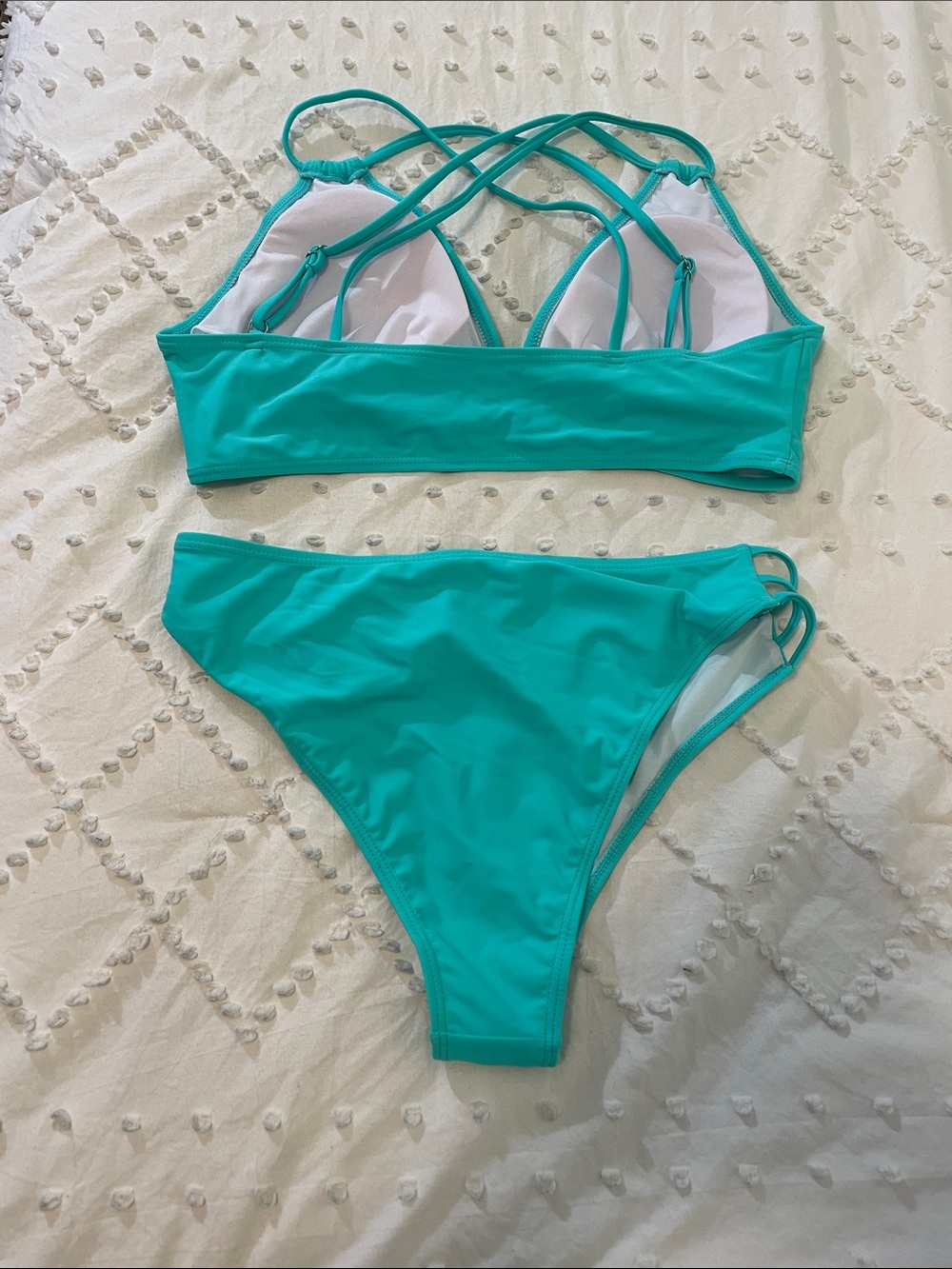 Women's Teal Strappy Bikini Turquoise Push Up V Neck Sets Criss Cross new - Picture 3 of 11
